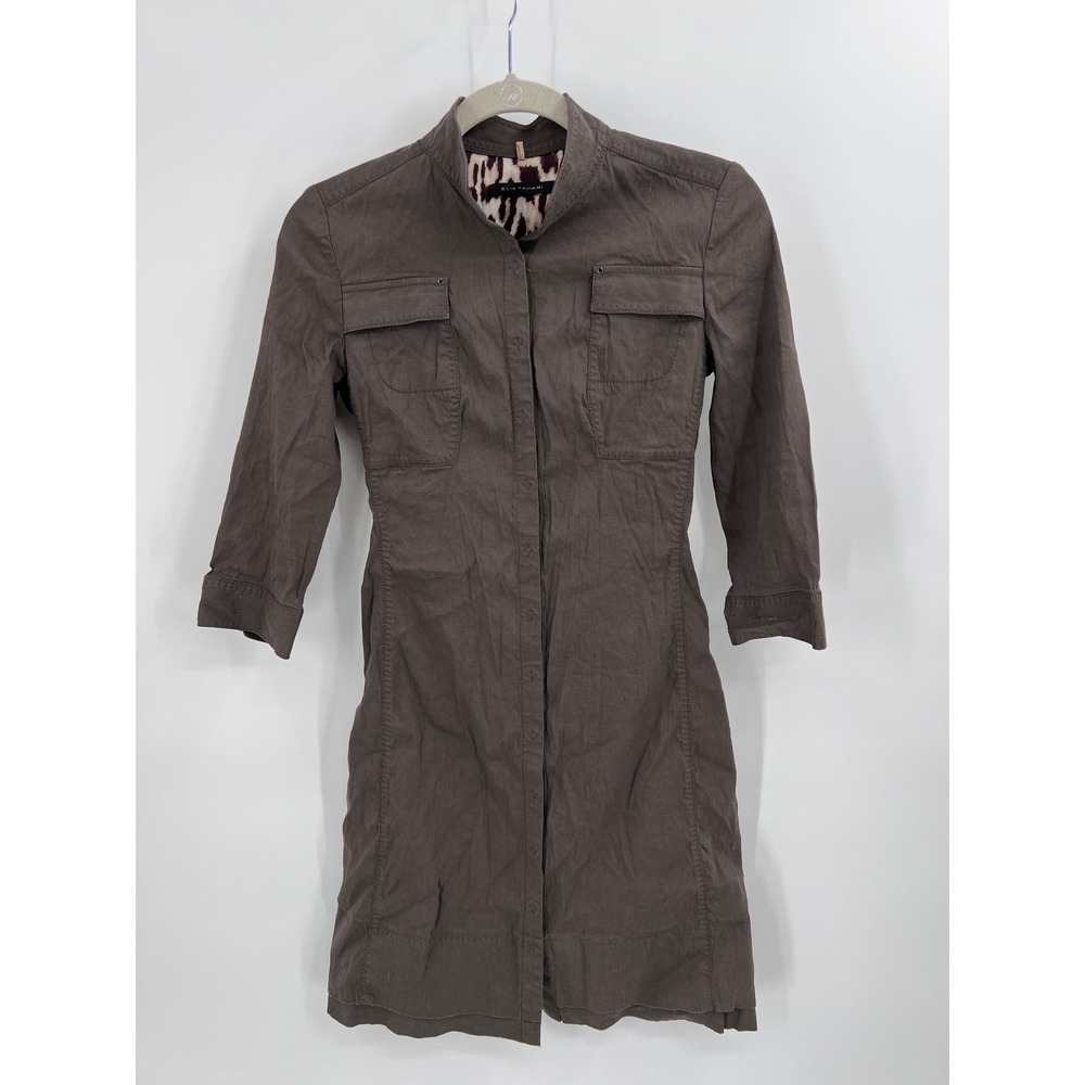 Elie Tahari Linen Safari Shirt Dress Olive Taupe Animal Print Lining Size 2